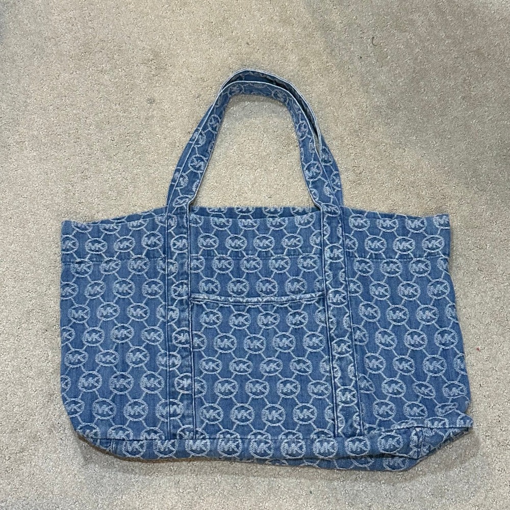 Michael Kors Large Denim MK Logo Monogram Tote Bag Blue Shopper Handbag